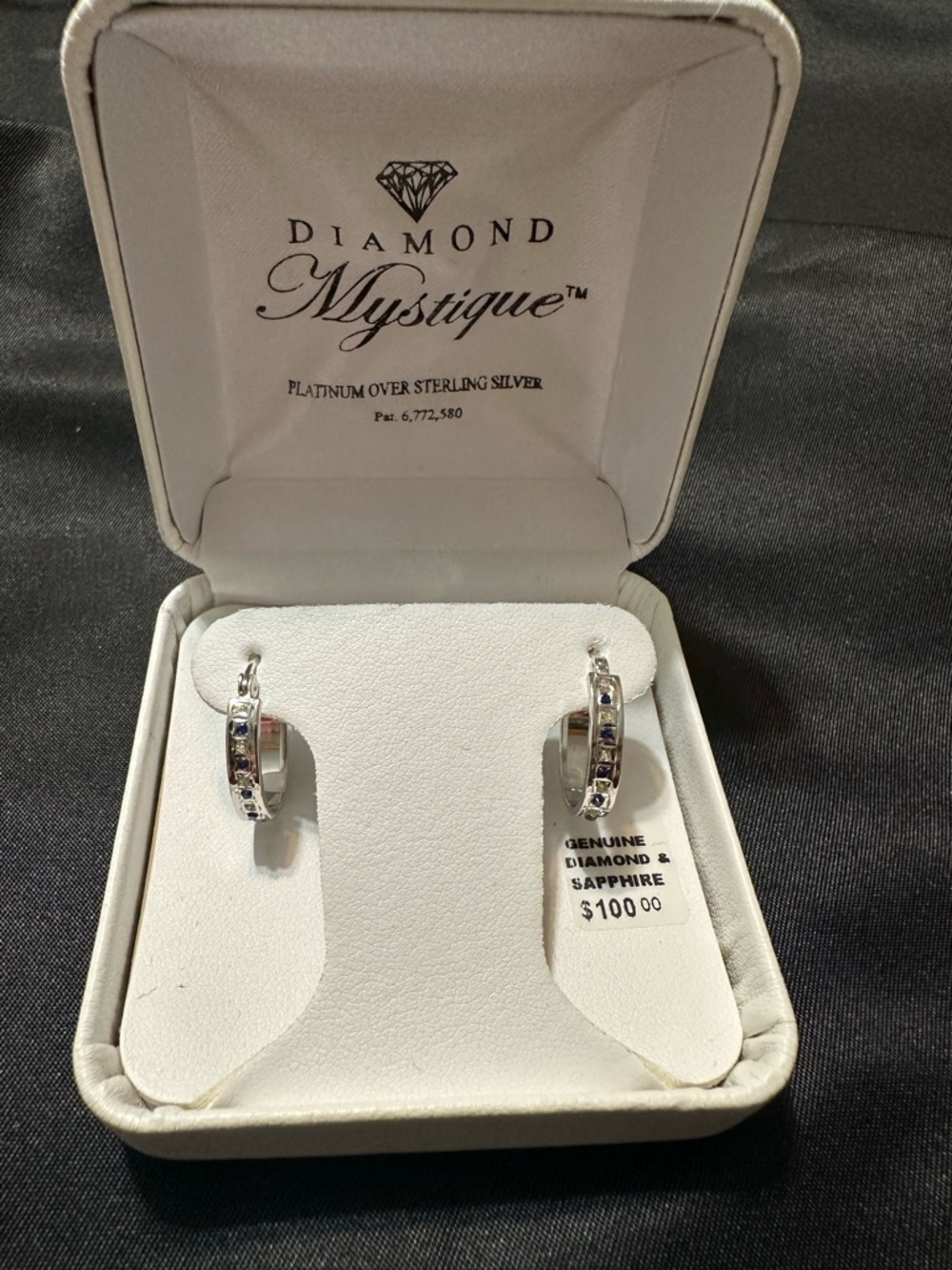 Diamond Mystique Platinum over Sterling Silver Hoops with Sapphires and Diamonds